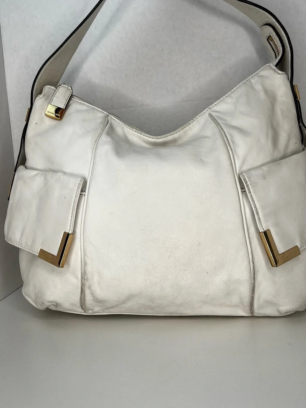 Michael Kors White Leather Large Hobo Shoulder Bag Gold Hardware Purse - Picture 1 of 13